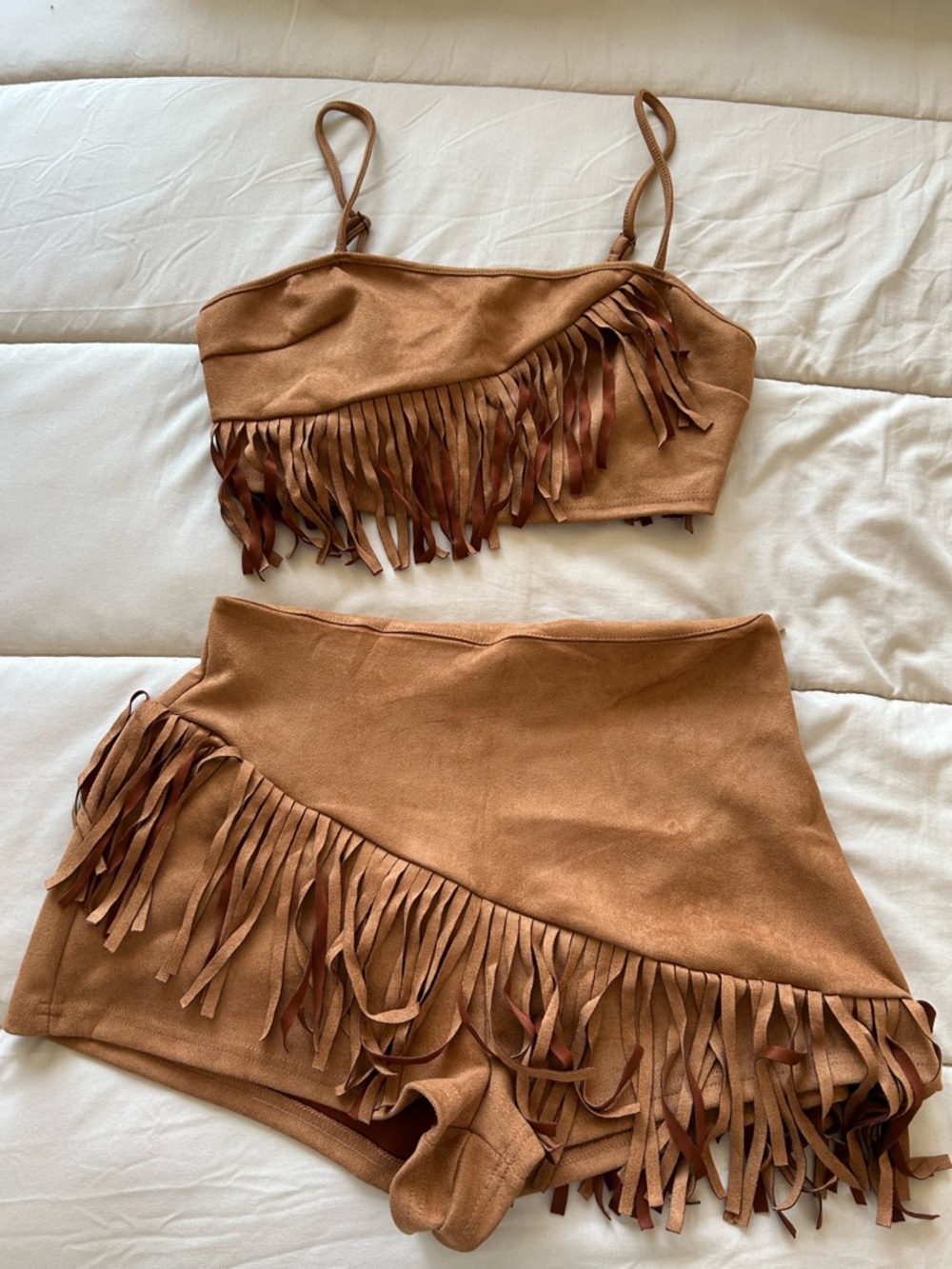Cow girl Fringed Suede-Look Mini Skirt and top  in Tan